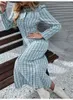 الفساتين غير الرسمية 2022 فالفري ربيع سقوط ملابس أنيقة مقسم طويل الأكمام جولة حول الزر الأمامي تويد الجسم الفستان Maxi