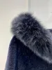 Женская кожа 2022 Последнее зимнее потепление темно-синего меха с капюшоном с капюшоном миди