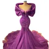 Gracieful Purple Mermaid aftonklänningar V Neck Pearls Prom Dress Elegant Lace Beading Tulle formella festklänningar