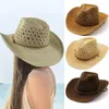 Bérets 2022 Fashion Fashion Hollow Cowboy Paille Men Men d'été Summer en plein air Chapeaux de plage unisexe Solide Western Sunshade Cap