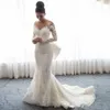 Luxury Mermaid Wedding Dresses Sheer Neck Long Sleeves Illusion Full Lace Applique Bow Overskirts Button Back Chapel Train Gowns Formal Dress
