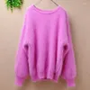 Pulls pour femmes élégant mode rose court femmes hiver Long vison cachemire Angora fourrure lanterne manches chauve-souris pull pull