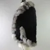 Poncho en fourrure véritable d'hiver pour femmes châle naturel tricoté avec col en argent véritable