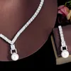 Collana Orecchini Set CWWZircons Zircone cubico lucido Da sposa Matrimonio Perla Cena da sera Costume da festa per le donne T673