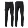 Jeans da uomo in denim nero con toppe screpolate elasticizzate