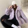 Women Faux Leather imitation fox fur lapel coat casual fashion Street Shooting Winter outdoor warm pure color long sleeves purple color plush coats