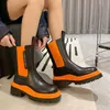 Bottes Chunky Plate-forme Orange Cheville pour femmes Automne 2022 Mix Couleur Chelsea Femme Pu Cuir Slip sur Chaussures de moto Y2211