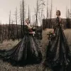 Black Gothic Vintage Wedding Dresses A Line Formal Bridal Gowns V Neck Lace Appliques Tulle Illusion Backless Sweep Train Plus Size Ppliques Ppliques