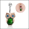 Navel Bell -knop Ringen Wasit Belly Dance Green Owl Animal Crystal Body Sieraden Roestvrij staal Rhinestone Navel Bell Button Pierc DHM4L