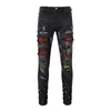 Crystal Trim Distressed Painted Denim Jeans Man Hommes Slim-Leg Fitted