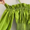 Kvinnors blusar högkvalitativ bomull 2022 Spring Summer Fashion Green Topps Ladies Spaghetti Strap Elastic Pleated Deco Long Sleeve Blue