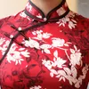 Vêtements ethniques Rouge Élégant Fleur Imprimer Long Cheongsam Femmes Sexy Slim Satin Chinois Qipao Robe Vintage Bouton Garniture Exquis Oriental