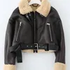 Women's Leather Faux Ailegogo Winter Women Streetwear Lamb Fur Short Jacket with Belt Moto Biker Thick Warm Sheepskin Coat Outwear 221111