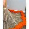 Black Girls Orange Mermaid Prom Dresses 2022 Raso Perline Paillettes Collo alto Piume Gonna di lusso Abiti da cerimonia per feste da sera294R