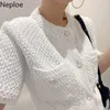 Women's Knits Tees Neploe Korean Cardigan Women Clothing Short Sleeve Single Breasted Sweater O Neck Knit Black Tops Fashion White Coat Femme 221111