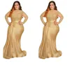 Плюс размер мать невесты платья с длинными рукавами золотые кружевные русалка с высокой шеей. Специальное вечернее платье