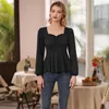 Women's T Shirts BP Women Ruched Bodice Square Blus Sweetheart Neck Topps Vintage PeplulM Hem T-shirts ol Lasies Långärmning Peplum