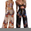 Women's Two Piece Pants Fashion Butterfly Printed Set Women Sleeveless Crop Tops Long High Waist Boho Beach Wide Leg Trouser Suit