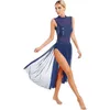 Stage Wear Lady Morden Lyrical Dance Dresses Shiny Sequin Backless Sheer Mesh Maxi Leotard Dress Ballet Gymnastics Performance Dancewear