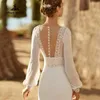 Suknia ślubna elegancka osłona boho sukienki długie puszyste rękawy Pearl Buttons Ivory Szyfonowa suknia Vestido Longo Beach Bridal