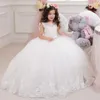 Mädchenkleider weiße Spitzenapplikation ärmellose Blumenkleid Tüll flauschige Promessen Prinzessin Hochzeit Kinder Erste Kommunion