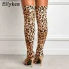 Boots Eilyken New Thigh High Boots Pointed Toe Sexy Leopard Grain Thin Heels Stretch Fabric Over the Knee Womens Boots Shoes 220913