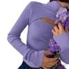 Suéteres para mujer Mujeres de manga larga Suéter de cuello alto Sexy Recorte Keyhole Frente Acanalado Punto Jersey Top Color Sólido Slim Jumper Shirt