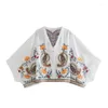 Women's Blouses Cropped For Women Tops Boho Clothes Paisley Floral Embroidered Blouse 2022 Three Quarter Batwing Sleeve V Neck Loose Top