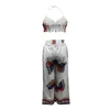 Women's Two Piece Pants Fashion Butterfly Printed Set Women Sleeveless Crop Tops Long High Waist Boho Beach Wide Leg Trouser Suit