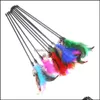 Cat Toys New Colorf Cat Toys Kitten Pet Teaser Turkey Feather Interactive Stick Toy Wire Chaser Wand Drop Delivery Home Garden Suppli Dhkue