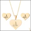 Orecchini Collana in acciaio inossidabile Love Heart Collana Donna Orecchini a bottone in oro con battito cardiaco Set di gioielli per ragazze Wedding Drop Delive Dh0Kt