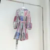 Elbiseler Çiçek Baskı Klasik Mahkeme Tarzı Kabarcık Kolu Vintage V-Neck 22 Kış Yeni Avustralya Moda Kısa Elbise