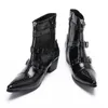 6.5 سم HIG HIG Western Cowboy Men Mener Boot Black Pointed Toe Leather Boots Short Men Buckles Motor Skill Scyble/Biking Butas Big Size