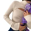 Kvinnors tröjor Kvinnor långärmad Turtleneck tröja Sexig klippt ut nyckelhål Front Ribbed Knit Pullover Top Solid Color Slim Jumper Shirt