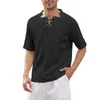 メンズカジュアルシャツ夏の男性ソリッドコットンリネンスタンドカラーバケーション半袖ハワイアンビーチカミザスマスキュリーナ