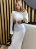 Casual Dresses Cut Out High midje vit klänning Elegant Sexig kvinnor Hösten o-hals långärmad slits bodycon stickad kvinnlig streetwear