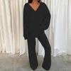 Women's Two Piece Pants 2 Pcs/Set Pajamas Set Loose V Neck Long Sleeves Solid Color Elastic Waist Warm Sleeping Clothes Wide Leg Homewear