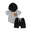 Ensembles de vêtements été enfants garçons tenues contraste couleur rayé à manches courtes à capuche hauts avec poches et shorts extensibles ensemble pour enfants