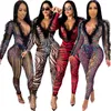 Women's Two Piece Pants 2Pcs Women Transparent Sets Sexy Deep V Neck Print Long Sleeve Ruffle Bodysuits High Waist Female Fashion Outfits