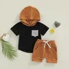 Ensembles de vêtements été enfants garçons tenues contraste couleur rayé à manches courtes à capuche hauts avec poches et shorts extensibles ensemble pour enfants