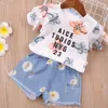 Zestawy odzieży 2T Girls Ubrania Summer Toddler w stylu Korea Flower Fllar Striped T-Shirt Denim Shorts 2 PCS Kids