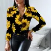 Women's Blouses Spring Autumn Women Sunflower Print Blouse Lapel Button Up Long Sleeve Loose Fit Shirt Office Ladies Tops Blusas Mujer De