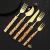 Dinnerware Sets 7Pcs Gold Bamboo Tableware Set Stainless Steel Nature Handle Retro Cutlery Steak Knive Table Fork Spoon Dessert Gift