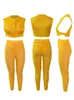 Tweede stuk broek voor dames set vrouwen side holle crop tops en hoge taille pant pakken sets zomers solide mesh patchwork sexy clubkleding outfits