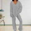 Women's Two Piece Pants 2 Pcs/Set Pajamas Set Loose V Neck Long Sleeves Solid Color Elastic Waist Warm Sleeping Clothes Wide Leg Homewear