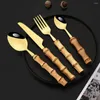 Dinnerware Sets 7Pcs Gold Bamboo Tableware Set Stainless Steel Nature Handle Retro Cutlery Steak Knive Table Fork Spoon Dessert Gift