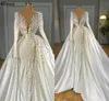 Splendide perle Dubai Arabia Saudita Abiti da sposa a sirena con treno staccabile Maniche lunghe Scollo a V Abiti da sposa formali Chiesa in raso avorio Vestidos De Novia CL1427