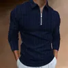 Polos de hombre de otoño, Polos de manga larga para hombre, ropa de calle con ajuste ajustado informal, Tops transpirables a rayas de algodón, ropa masculina de moda