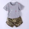 衣類セット2t女の子の服夏の幼児韓国スタイルの花の襟ストライプTシャツデニムショーツ2 PCSキッズ