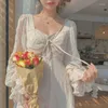 Casual Dresses Heydress Autumn Style French Retro Elegant Lace Dress Women Trumpet Sleeve DrawString midja Slimming Kvinna